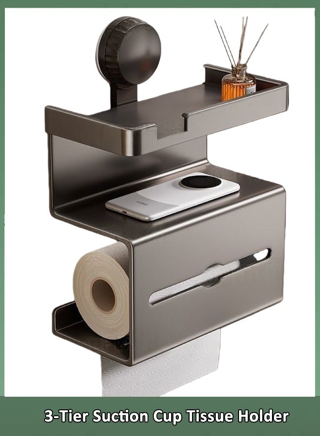 حامل ورق تواليت مزود بكوب شفط، موزع مناديل ورقية ثلاثي الطبقات يُثبت على الحائط مع رف للهاتف، موزع مناديل مبللة بدون حفر، حامل مناديل مبللة، حامل ورق تواليت مع مساحة تخزين للحمام والمطبخ - Image 1